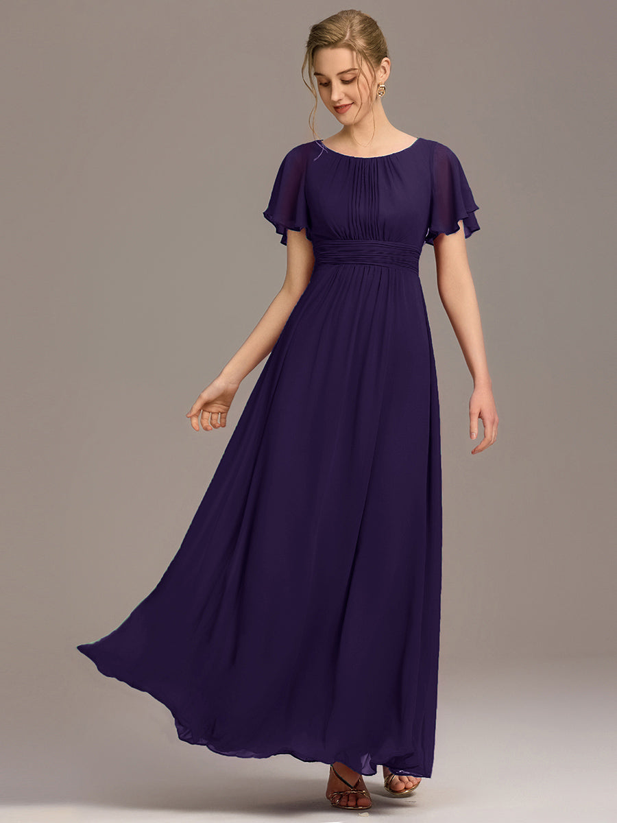 Bodenlanger A-Linien Chiffon Kleid Mit Falten Und Raffung Rundhalsausschnitt #Farbe_Dunkelviolett