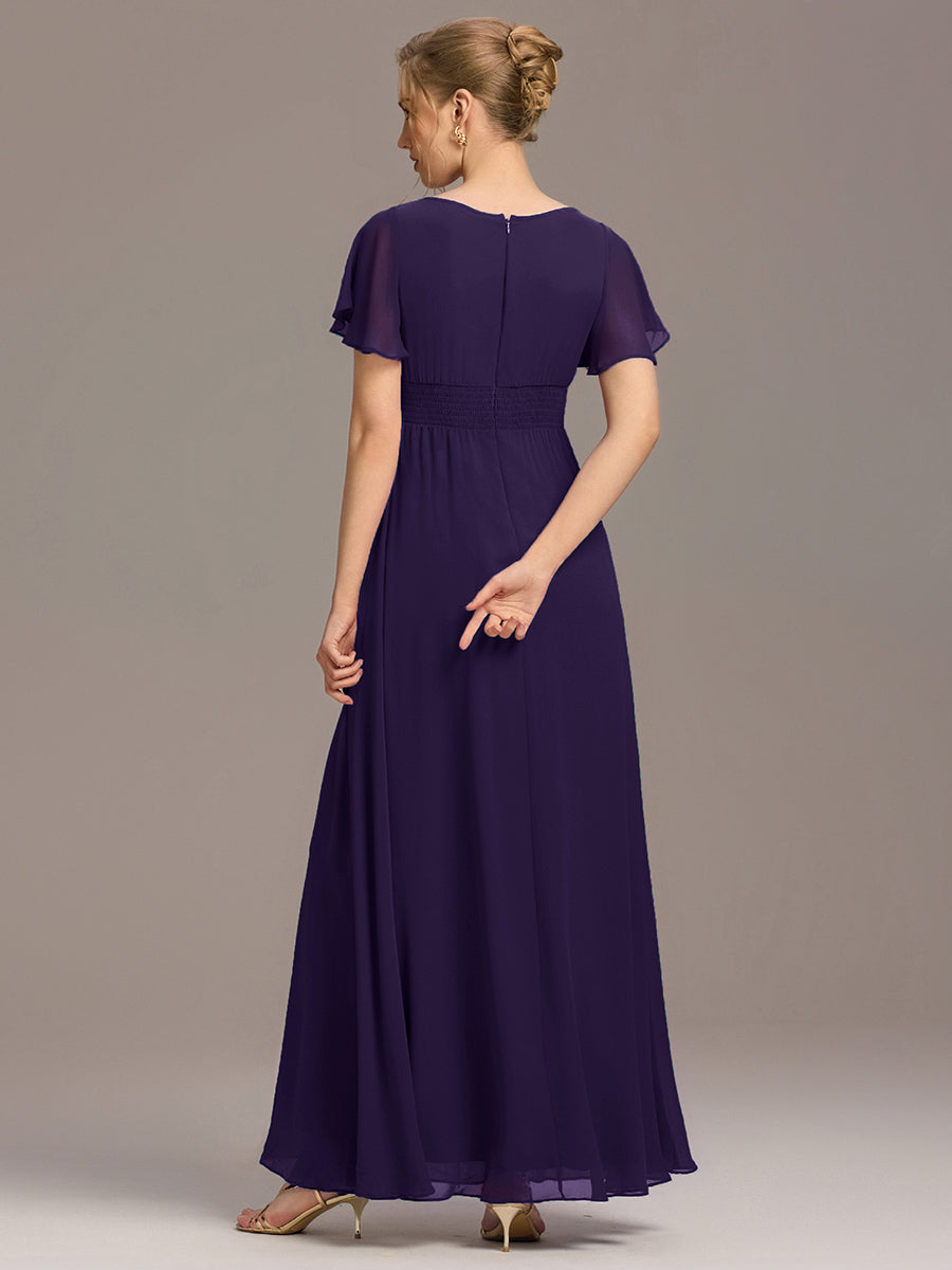 Bodenlanger A-Linien Chiffon Kleid Mit Falten Und Raffung Rundhalsausschnitt #Farbe_Dunkelviolett