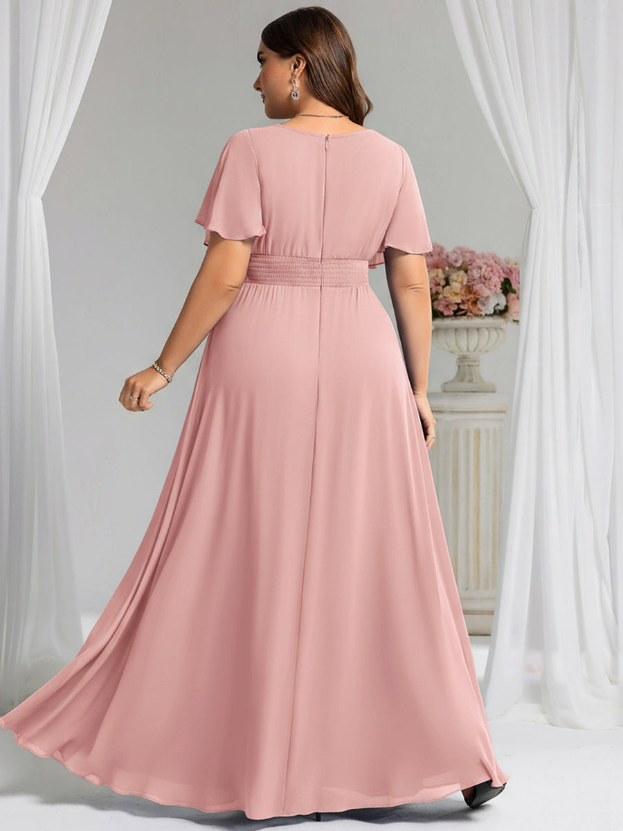 Bodenlanger A-Linien Chiffon Kleid Mit Falten Und Raffung Rundhalsausschnitt #Farbe_Altrosa