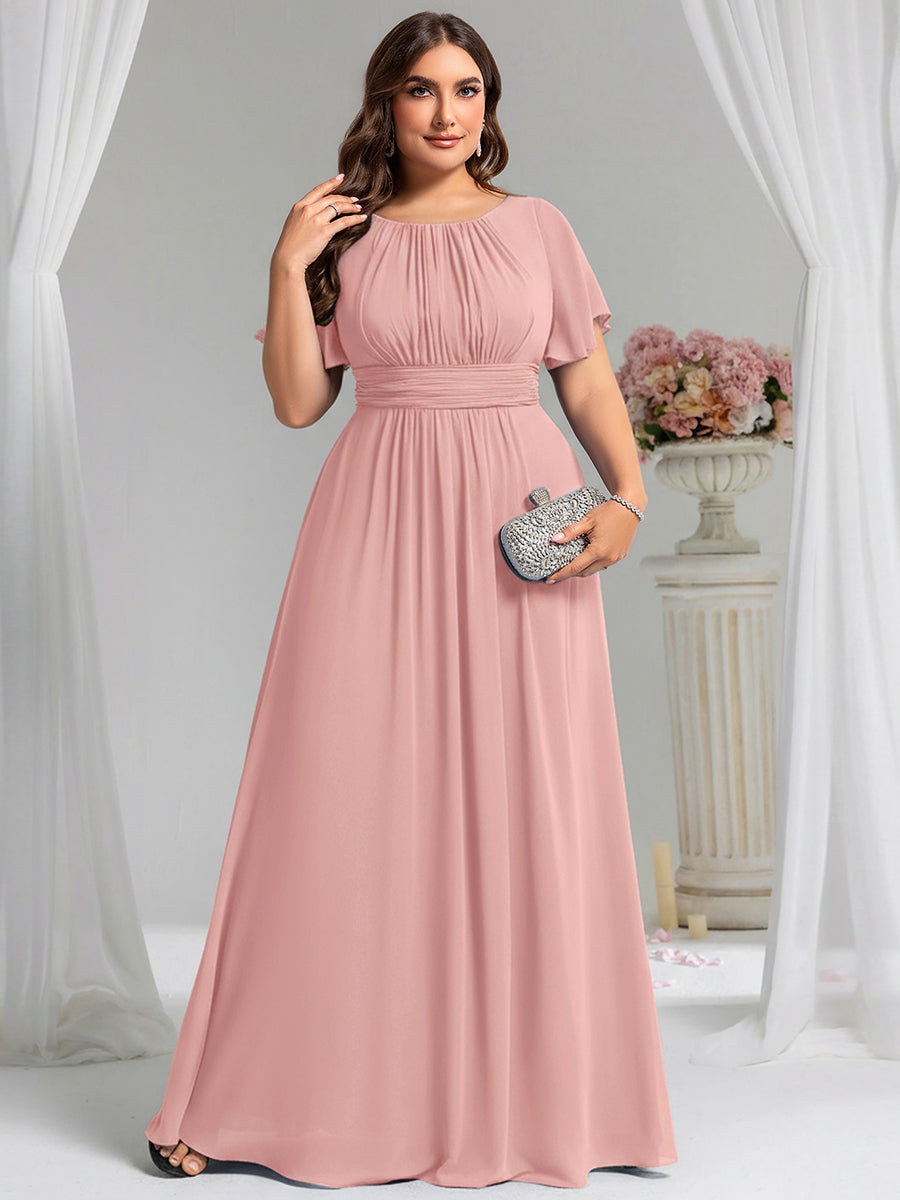 Bodenlanger A-Linien Chiffon Kleid Mit Falten Und Raffung Rundhalsausschnitt #Farbe_Altrosa