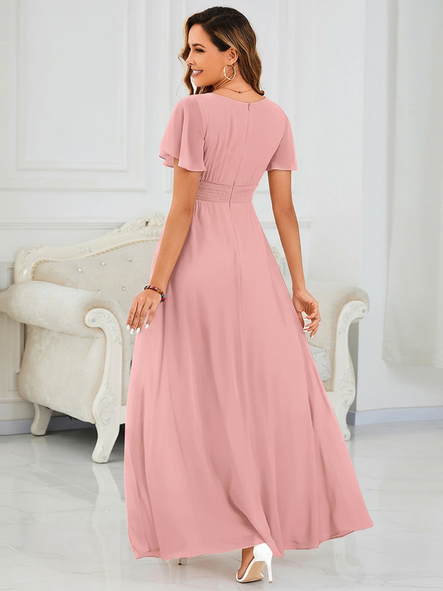 Bodenlanger A-Linien Chiffon Kleid Mit Falten Und Raffung Rundhalsausschnitt #Farbe_Altrosa