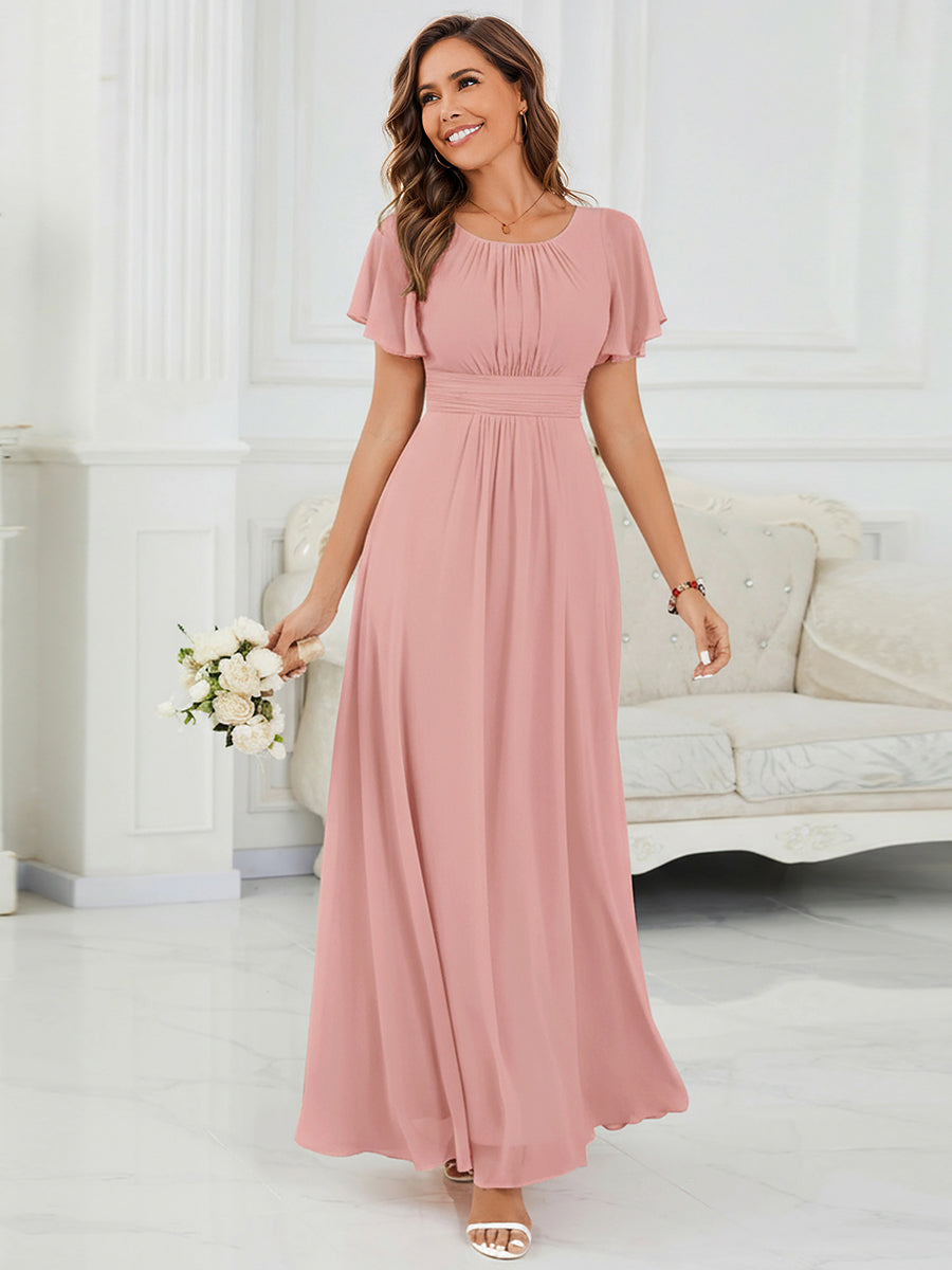 Bodenlanger A-Linien Chiffon Kleid Mit Falten Und Raffung Rundhalsausschnitt #Farbe_Altrosa