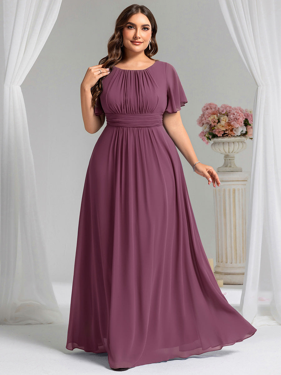 Bodenlanger A-Linien Chiffon Kleid Mit Falten Und Raffung Rundhalsausschnitt #Farbe_Pflaumenviolett