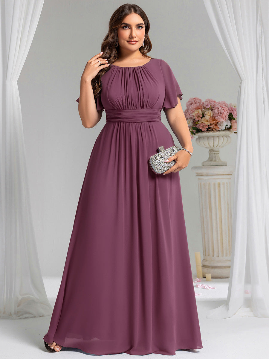 Bodenlanger A-Linien Chiffon Kleid Mit Falten Und Raffung Rundhalsausschnitt #Farbe_Pflaumenviolett