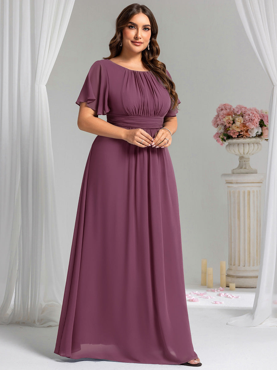 Bodenlanger A-Linien Chiffon Kleid Mit Falten Und Raffung Rundhalsausschnitt #Farbe_Pflaumenviolett