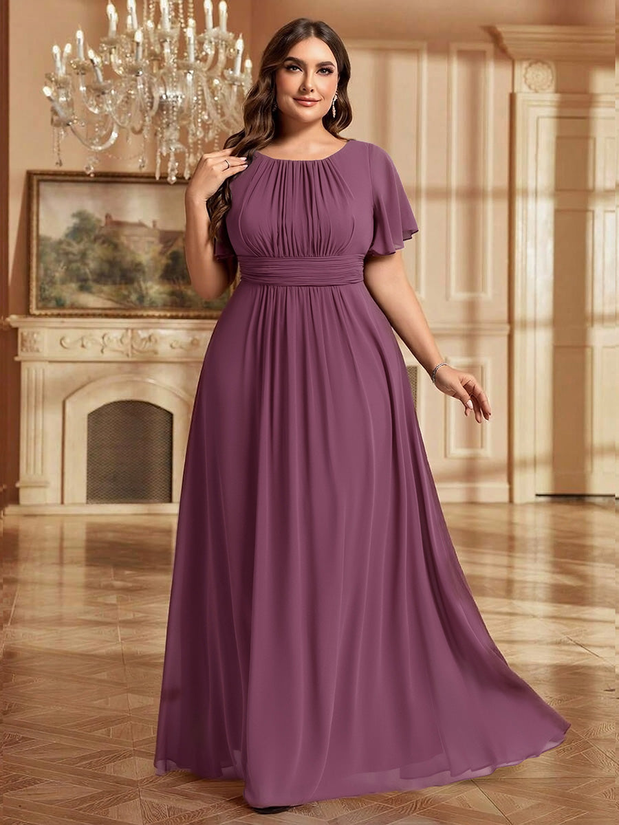 Bodenlanger A-Linien Chiffon Kleid Mit Falten Und Raffung Rundhalsausschnitt #Farbe_Pflaumenviolett