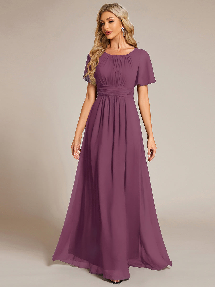 Bodenlanger A-Linien Chiffon Kleid Mit Falten Und Raffung Rundhalsausschnitt #Farbe_Pflaumenviolett