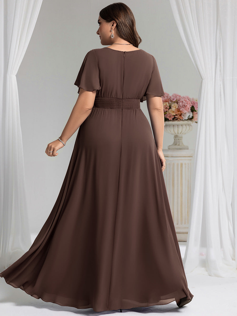 Bodenlanger A-Linien Chiffon Kleid Mit Falten Und Raffung Rundhalsausschnitt #Farbe_ES
