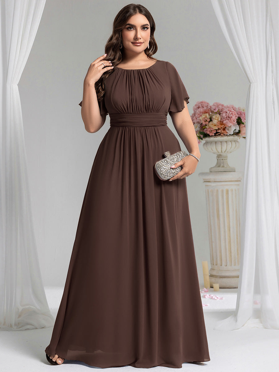 Bodenlanger A-Linien Chiffon Kleid Mit Falten Und Raffung Rundhalsausschnitt #Farbe_ES