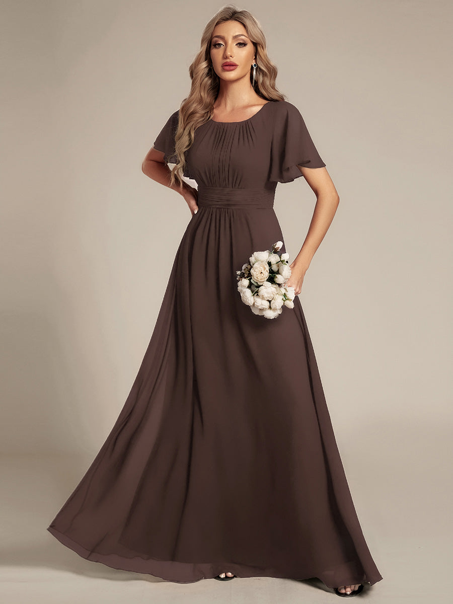 Bodenlanger A-Linien Chiffon Kleid Mit Falten Und Raffung Rundhalsausschnitt #Farbe_ES