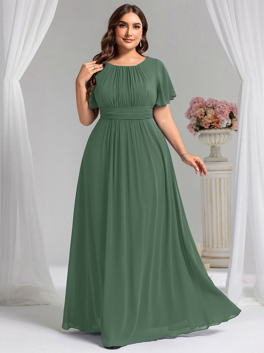 Bodenlanger A-Linien Chiffon Kleid Mit Falten Und Raffung Rundhalsausschnitt #Farbe_Eukalyptus