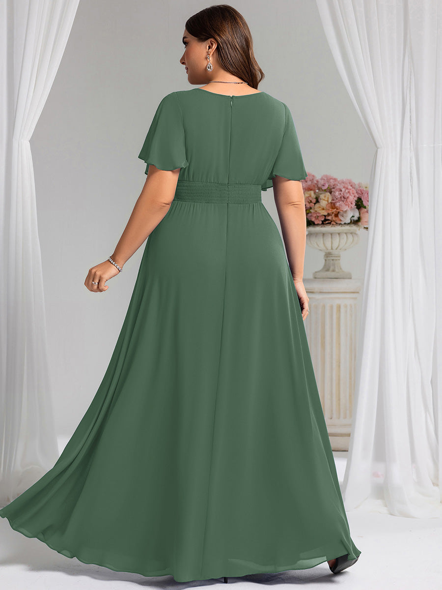 Bodenlanger A-Linien Chiffon Kleid Mit Falten Und Raffung Rundhalsausschnitt #Farbe_Eukalyptus