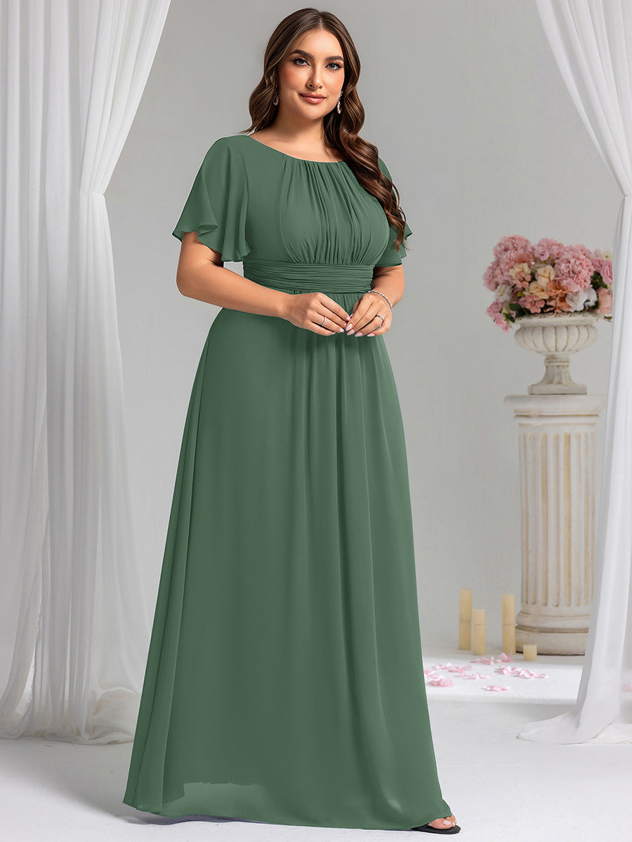 Bodenlanger A-Linien Chiffon Kleid Mit Falten Und Raffung Rundhalsausschnitt #Farbe_Eukalyptus
