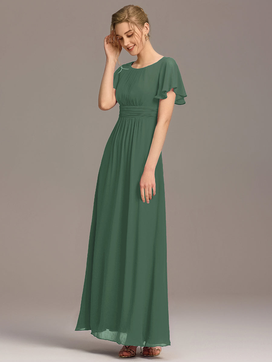 Bodenlanger A-Linien Chiffon Kleid Mit Falten Und Raffung Rundhalsausschnitt #Farbe_Eukalyptus