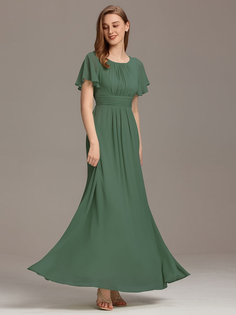 Bodenlanger A-Linien Chiffon Kleid Mit Falten Und Raffung Rundhalsausschnitt #Farbe_Eukalyptus