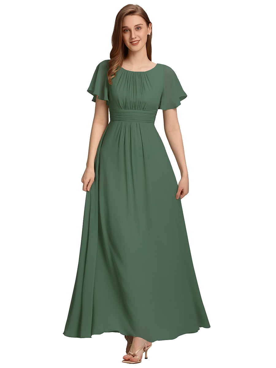 Bodenlanger A-Linien Chiffon Kleid Mit Falten Und Raffung Rundhalsausschnitt #Farbe_Eukalyptus