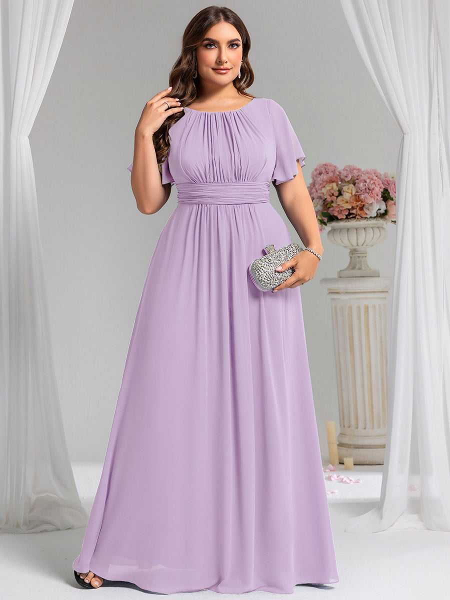 Bodenlanger A-Linien Chiffon Kleid Mit Falten Und Raffung Rundhalsausschnitt #Farbe_Mattflieder