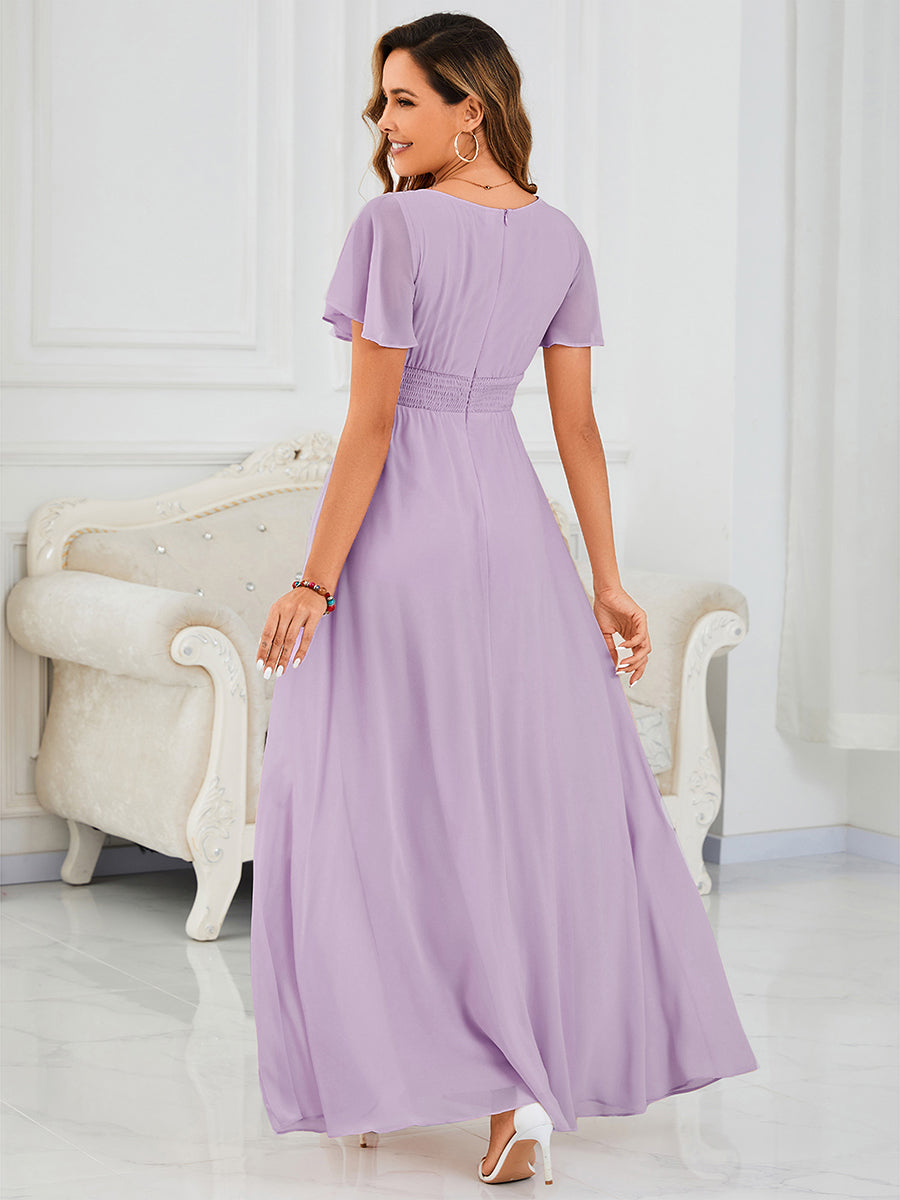 Bodenlanger A-Linien Chiffon Kleid Mit Falten Und Raffung Rundhalsausschnitt #Farbe_Mattflieder