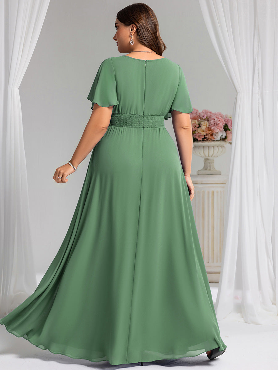 Bodenlanger A-Linien Chiffon Kleid Mit Falten Und Raffung Rundhalsausschnitt #Farbe_Khakigrün