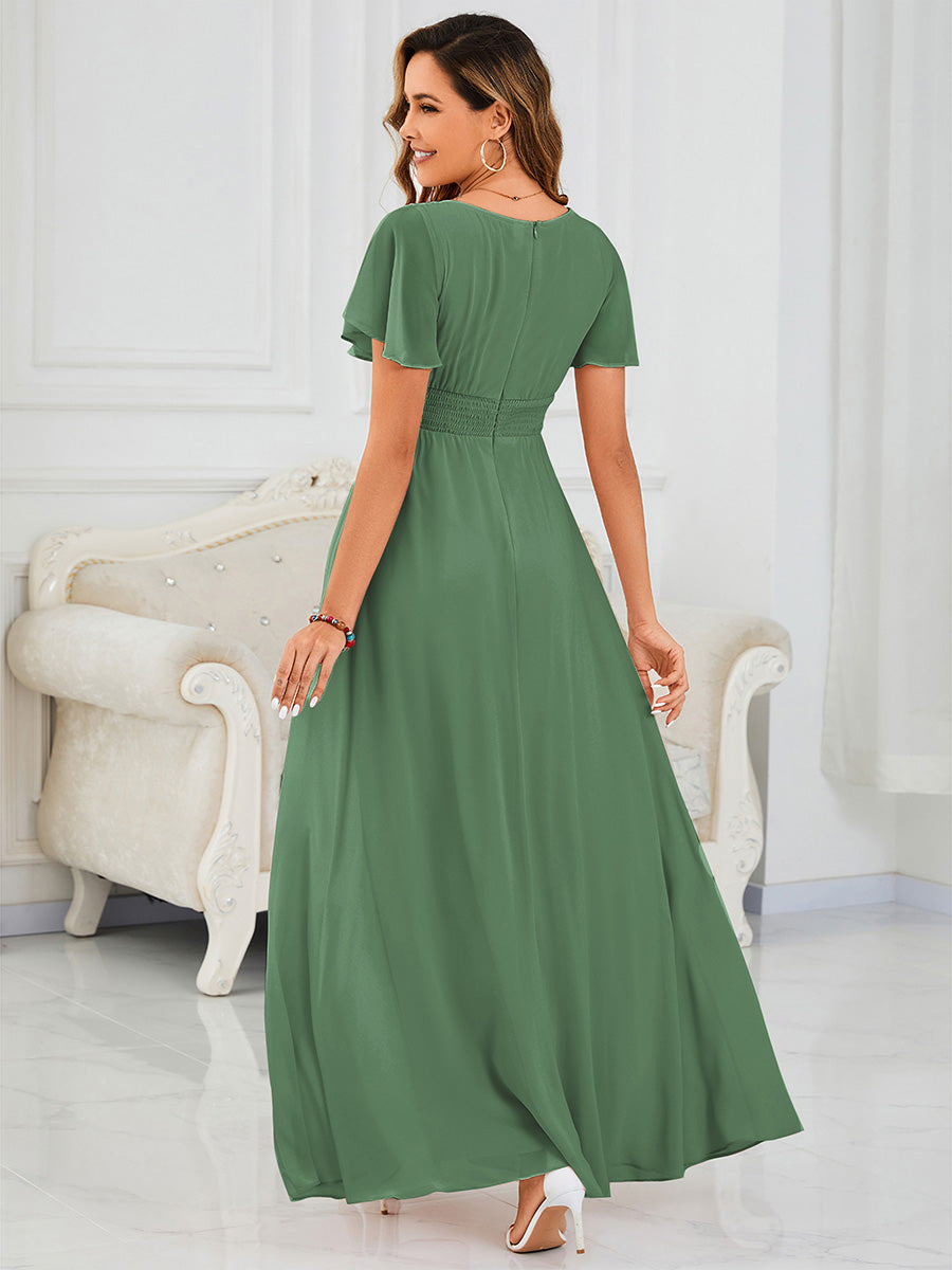 Bodenlanger A-Linien Chiffon Kleid Mit Falten Und Raffung Rundhalsausschnitt #Farbe_Khakigrün
