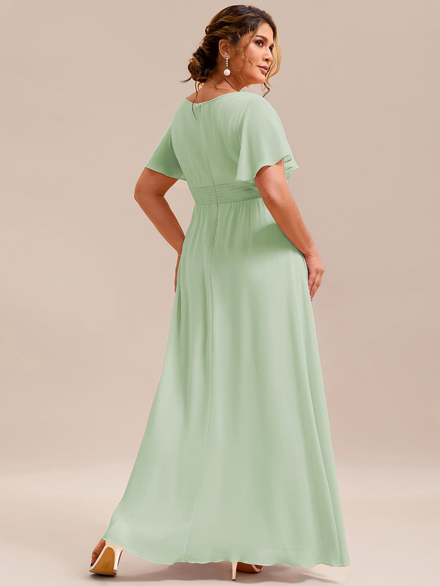 Bodenlanger A-Linien Chiffon Kleid Mit Falten Und Raffung Rundhalsausschnitt #Farbe_Mintgrün
