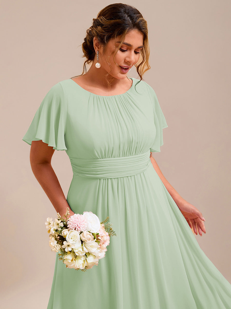 Bodenlanger A-Linien Chiffon Kleid Mit Falten Und Raffung Rundhalsausschnitt #Farbe_Mintgrün