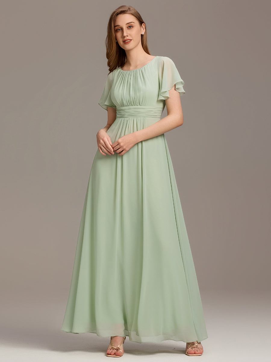 Bodenlanger A-Linien Chiffon Kleid Mit Falten Und Raffung Rundhalsausschnitt #Farbe_Mintgrün