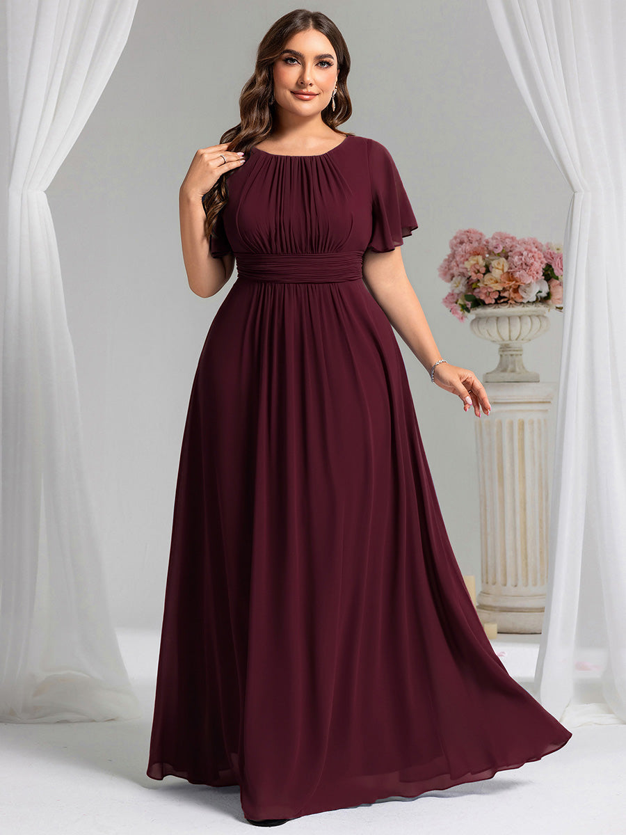 Bodenlanger A-Linien Chiffon Kleid Mit Falten Und Raffung Rundhalsausschnitt #Farbe_Maulbeerrot