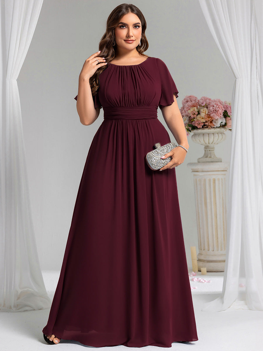 Bodenlanger A-Linien Chiffon Kleid Mit Falten Und Raffung Rundhalsausschnitt #Farbe_Maulbeerrot
