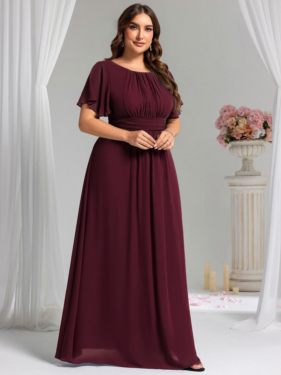 Bodenlanger A-Linien Chiffon Kleid Mit Falten Und Raffung Rundhalsausschnitt #Farbe_Maulbeerrot