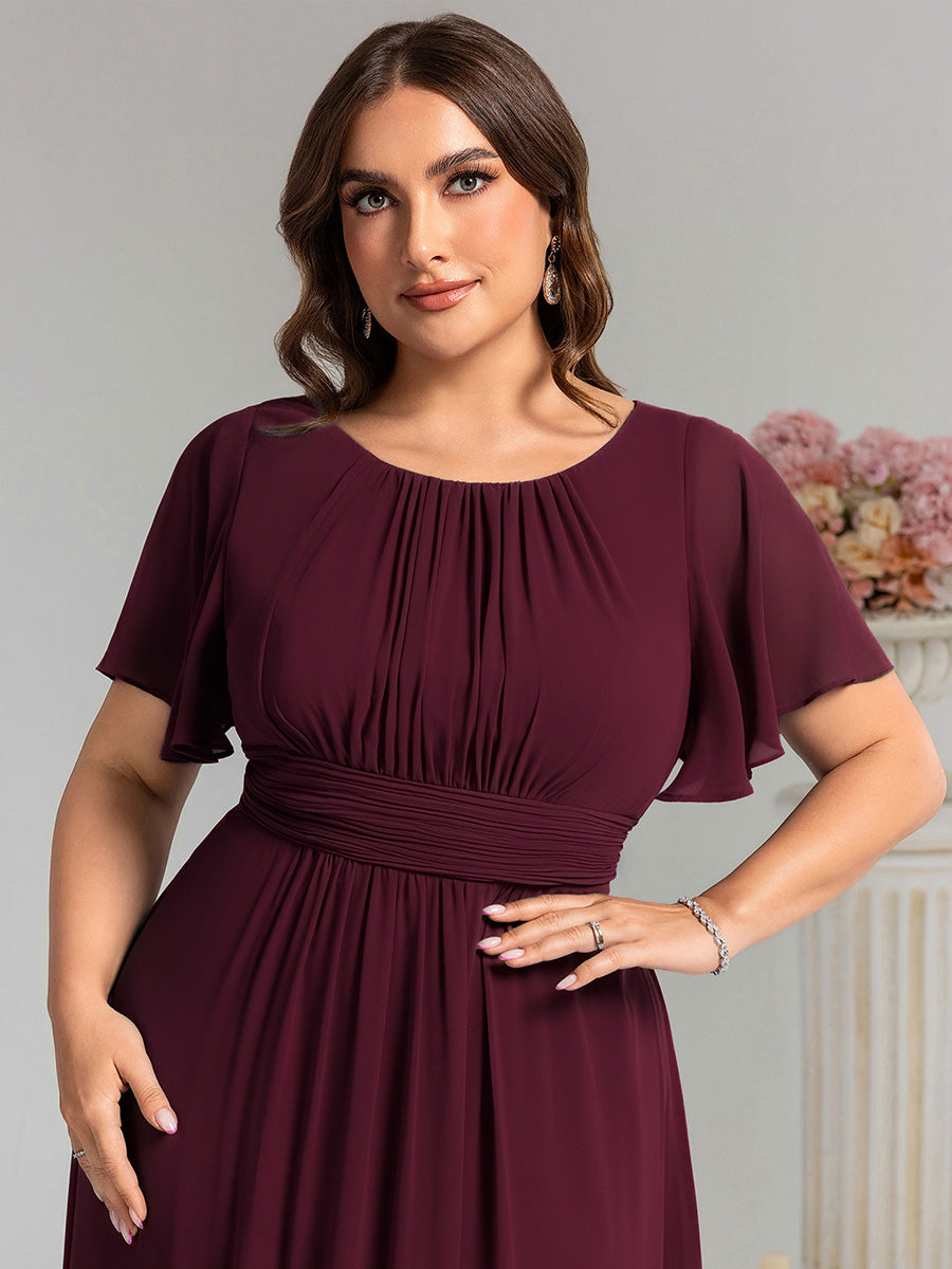 Bodenlanger A-Linien Chiffon Kleid Mit Falten Und Raffung Rundhalsausschnitt #Farbe_Maulbeerrot