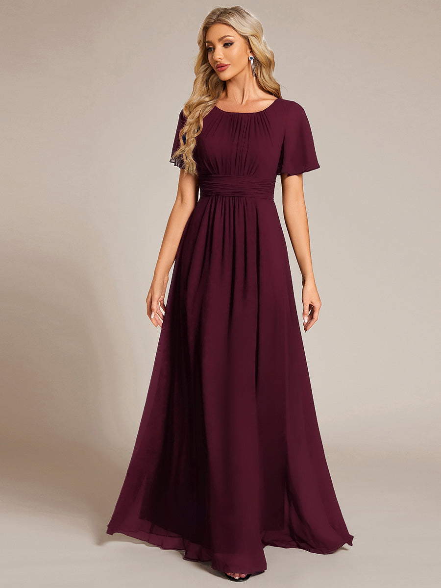 Bodenlanger A-Linien Chiffon Kleid Mit Falten Und Raffung Rundhalsausschnitt #Farbe_Maulbeerrot