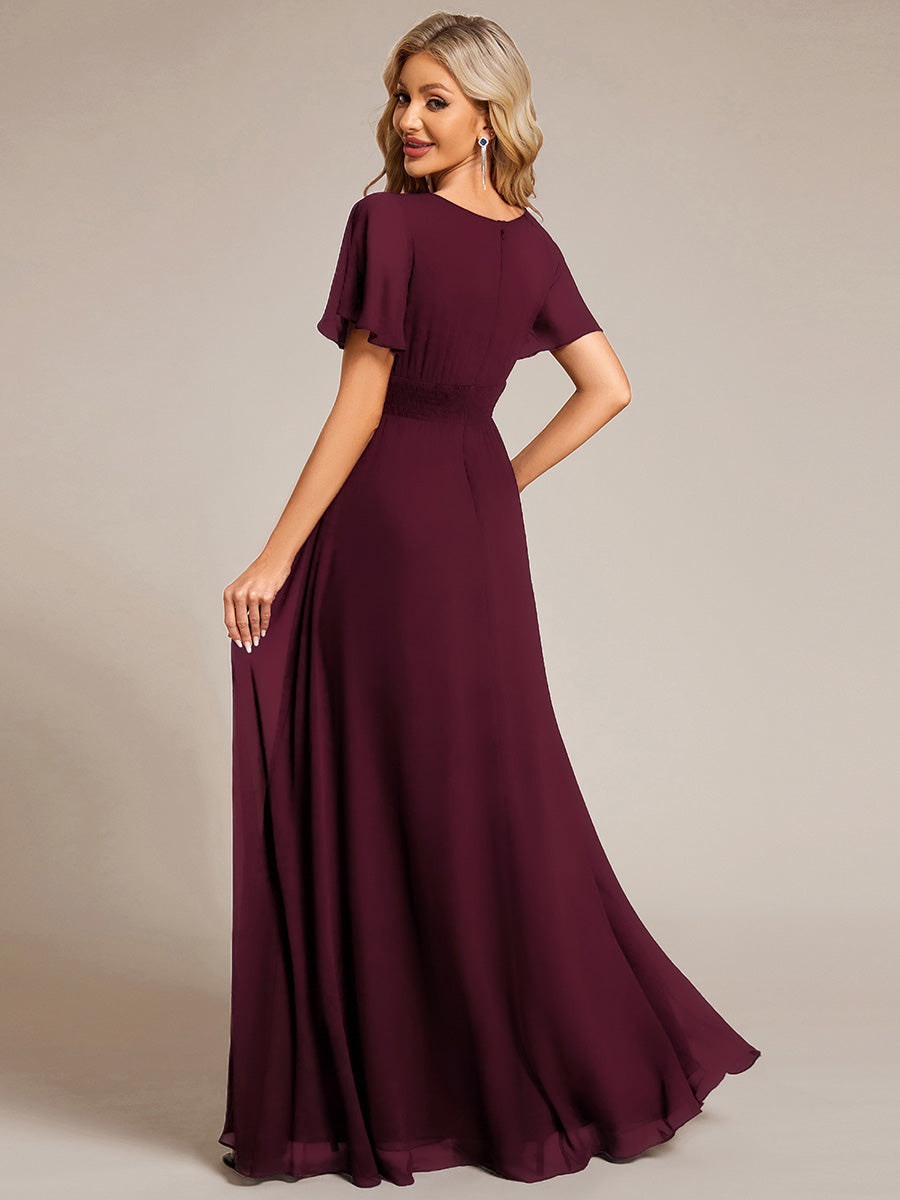 Bodenlanger A-Linien Chiffon Kleid Mit Falten Und Raffung Rundhalsausschnitt #Farbe_Maulbeerrot
