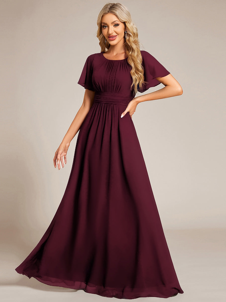 Bodenlanger A-Linien Chiffon Kleid Mit Falten Und Raffung Rundhalsausschnitt #Farbe_Maulbeerrot