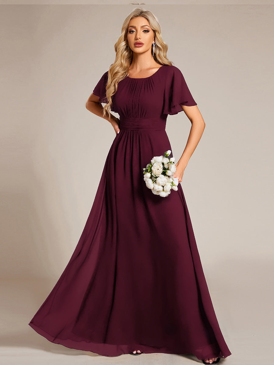 Bodenlanger A-Linien Chiffon Kleid Mit Falten Und Raffung Rundhalsausschnitt #Farbe_Maulbeerrot