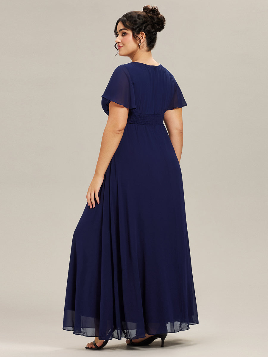 Bodenlanger A-Linien Chiffon Kleid Mit Falten Und Raffung Rundhalsausschnitt #Farbe_Marineblau
