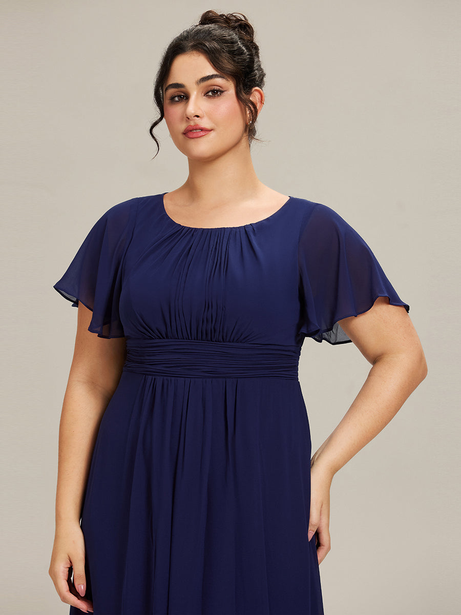 Bodenlanger A-Linien Chiffon Kleid Mit Falten Und Raffung Rundhalsausschnitt #Farbe_Marineblau