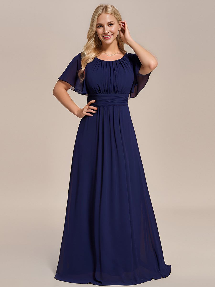 Bodenlanger A-Linien Chiffon Kleid Mit Falten Und Raffung Rundhalsausschnitt #Farbe_Marineblau
