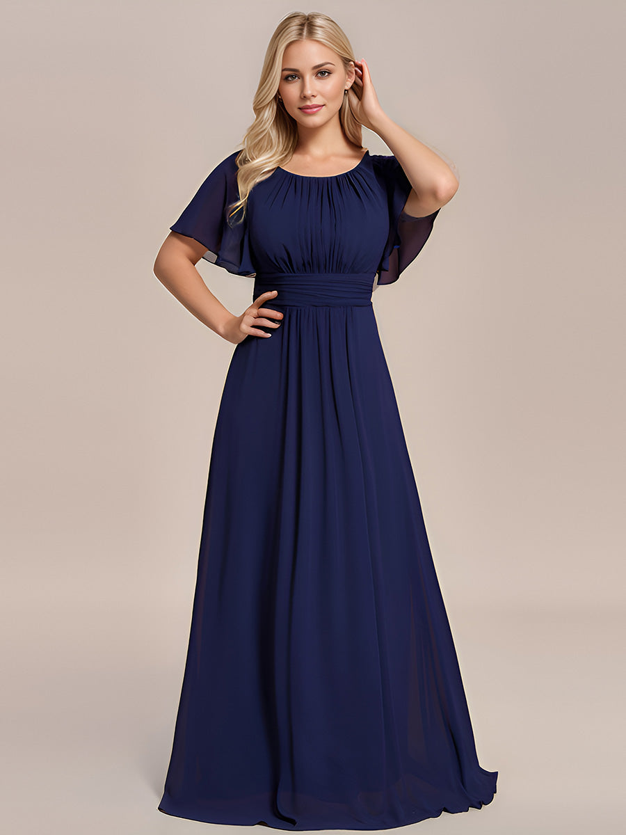 Bodenlanger A-Linien Chiffon Kleid Mit Falten Und Raffung Rundhalsausschnitt #Farbe_Marineblau