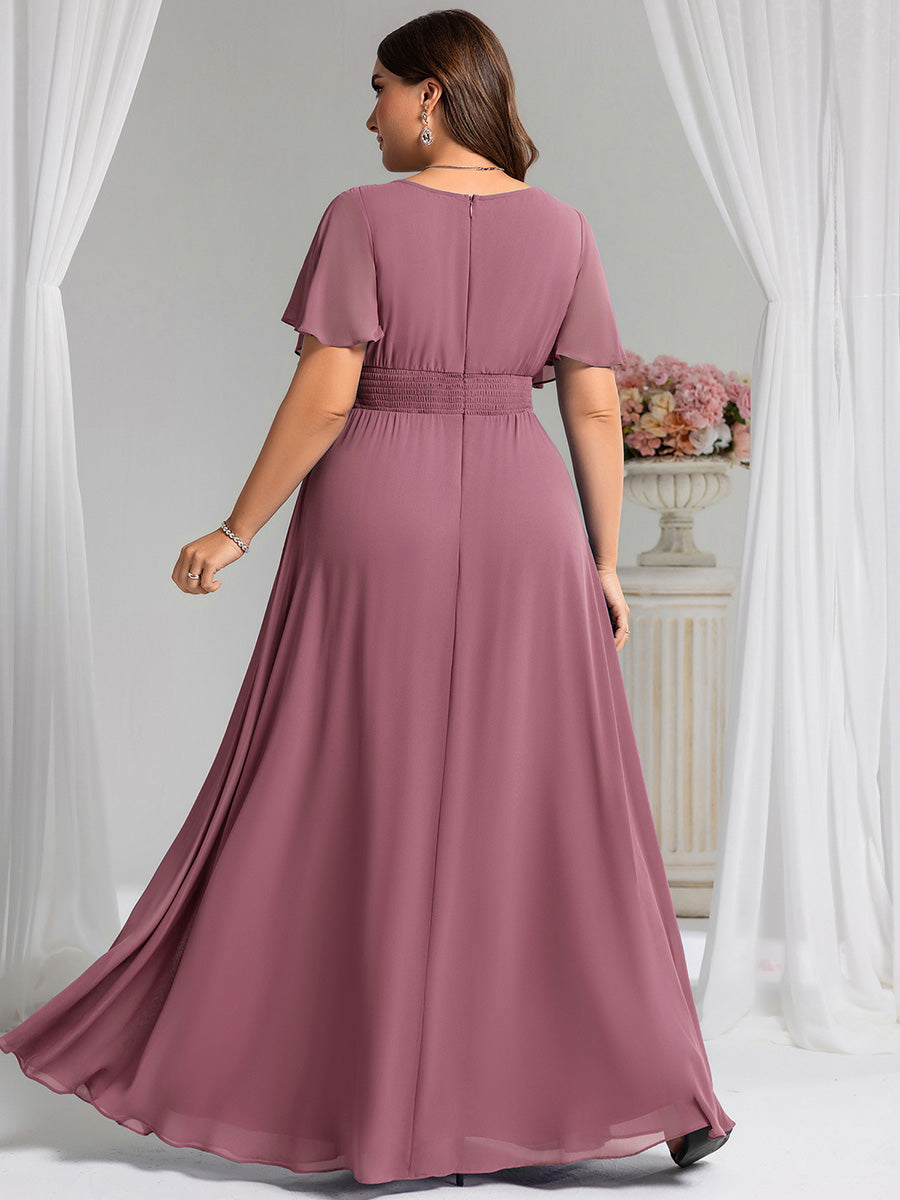 Bodenlanger A-Linien Chiffon Kleid Mit Falten Und Raffung Rundhalsausschnitt #Farbe_Orchideenviolett