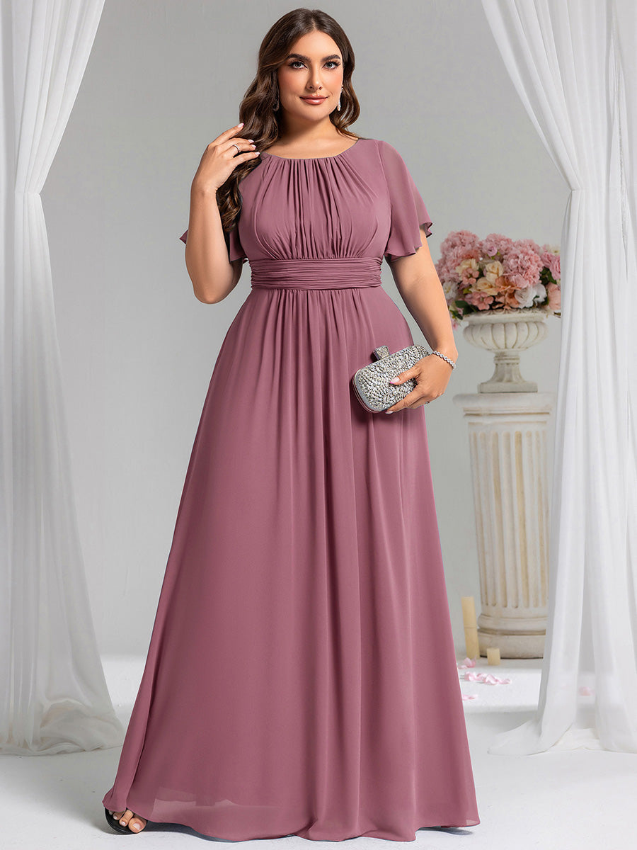 Bodenlanger A-Linien Chiffon Kleid Mit Falten Und Raffung Rundhalsausschnitt #Farbe_Orchideenviolett