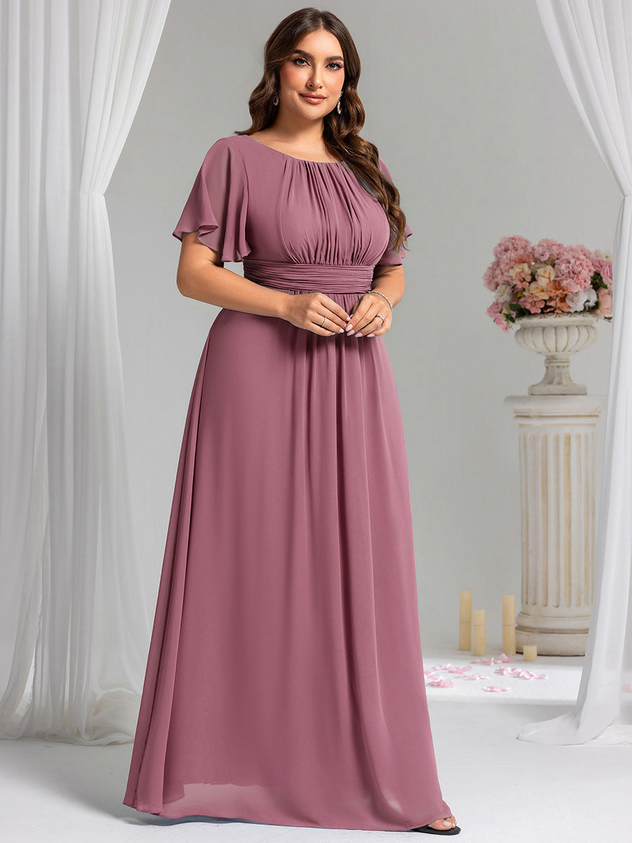 Bodenlanger A-Linien Chiffon Kleid Mit Falten Und Raffung Rundhalsausschnitt #Farbe_Orchideenviolett