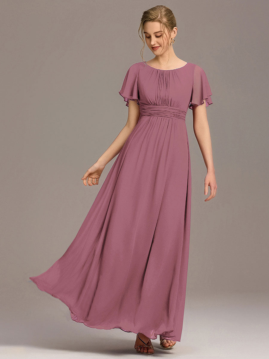 Bodenlanger A-Linien Chiffon Kleid Mit Falten Und Raffung Rundhalsausschnitt #Farbe_Orchideenviolett