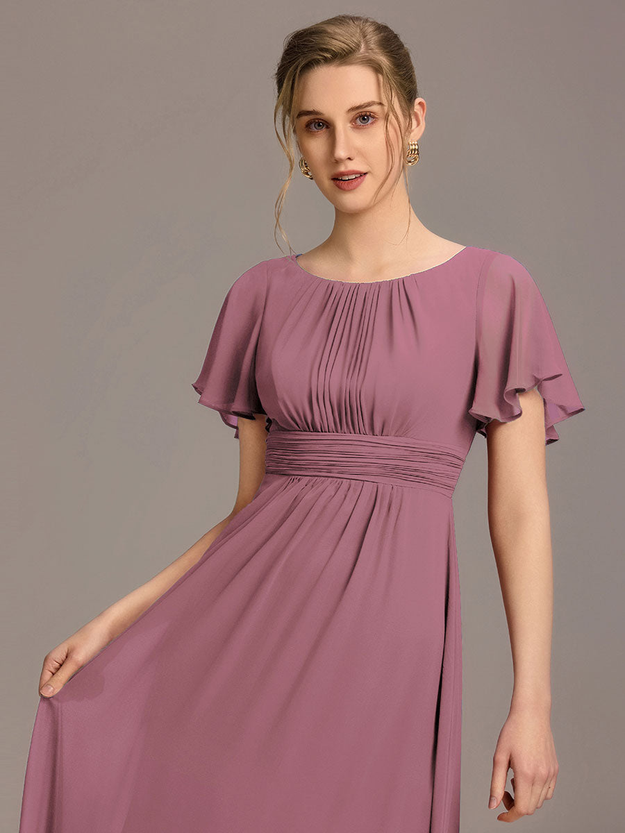 Bodenlanger A-Linien Chiffon Kleid Mit Falten Und Raffung Rundhalsausschnitt #Farbe_Orchideenviolett