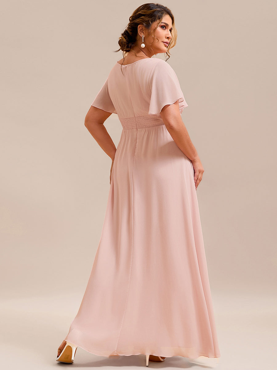 Bodenlanger A-Linien Chiffon Kleid Mit Falten Und Raffung Rundhalsausschnitt #Farbe_Rosa