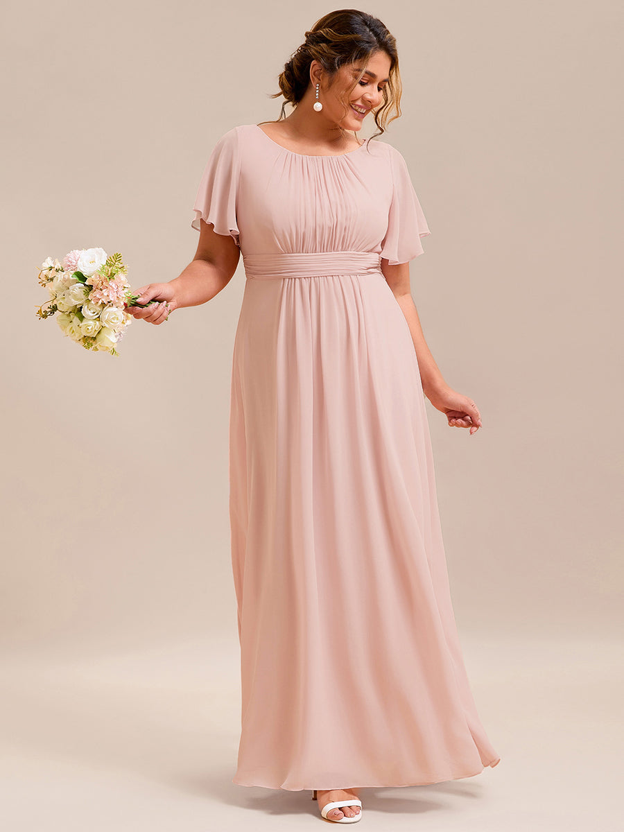 Bodenlanger A-Linien Chiffon Kleid Mit Falten Und Raffung Rundhalsausschnitt #Farbe_Rosa