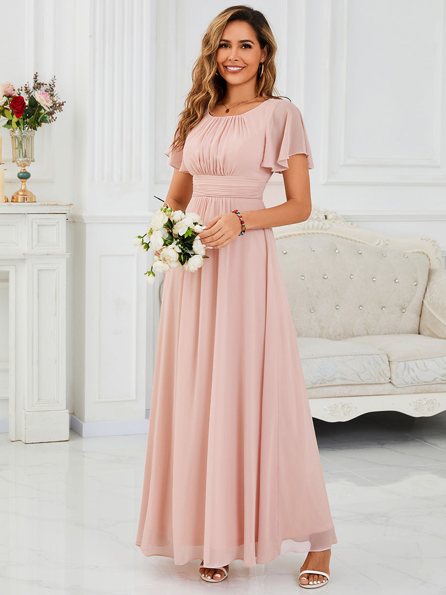 Bodenlanger A-Linien Chiffon Kleid Mit Falten Und Raffung Rundhalsausschnitt #Farbe_Rosa