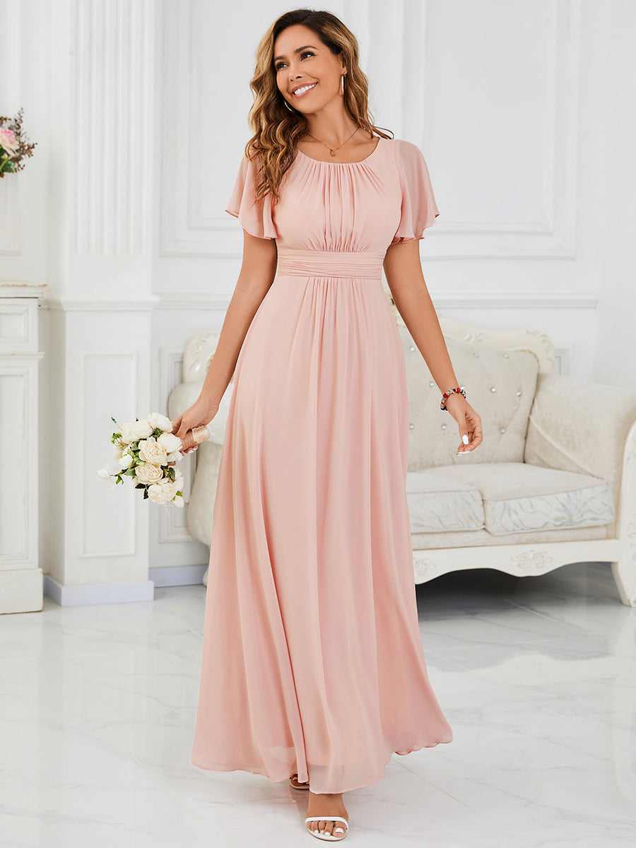 Bodenlanger A-Linien Chiffon Kleid Mit Falten Und Raffung Rundhalsausschnitt #Farbe_Rosa