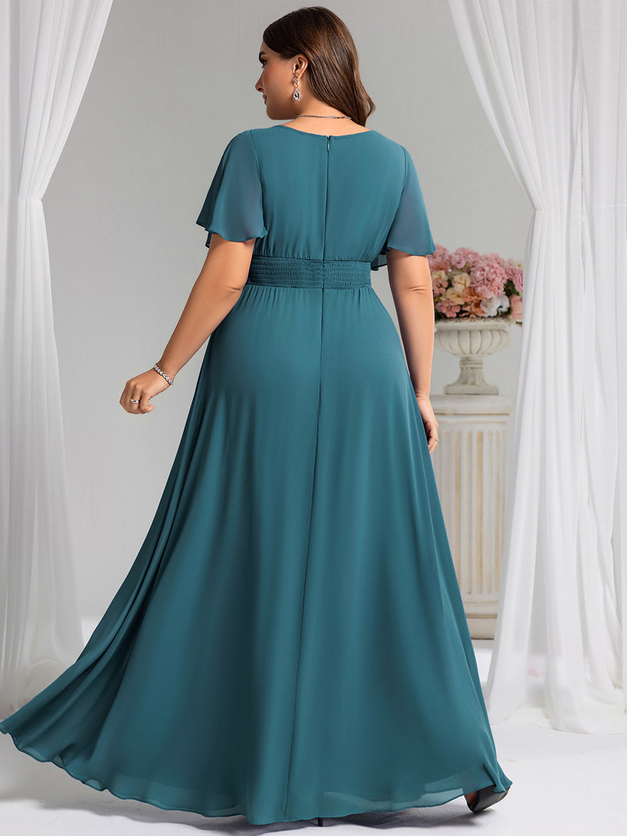 Bodenlanger A-Linien Chiffon Kleid Mit Falten Und Raffung Rundhals #Farbe_Petrol