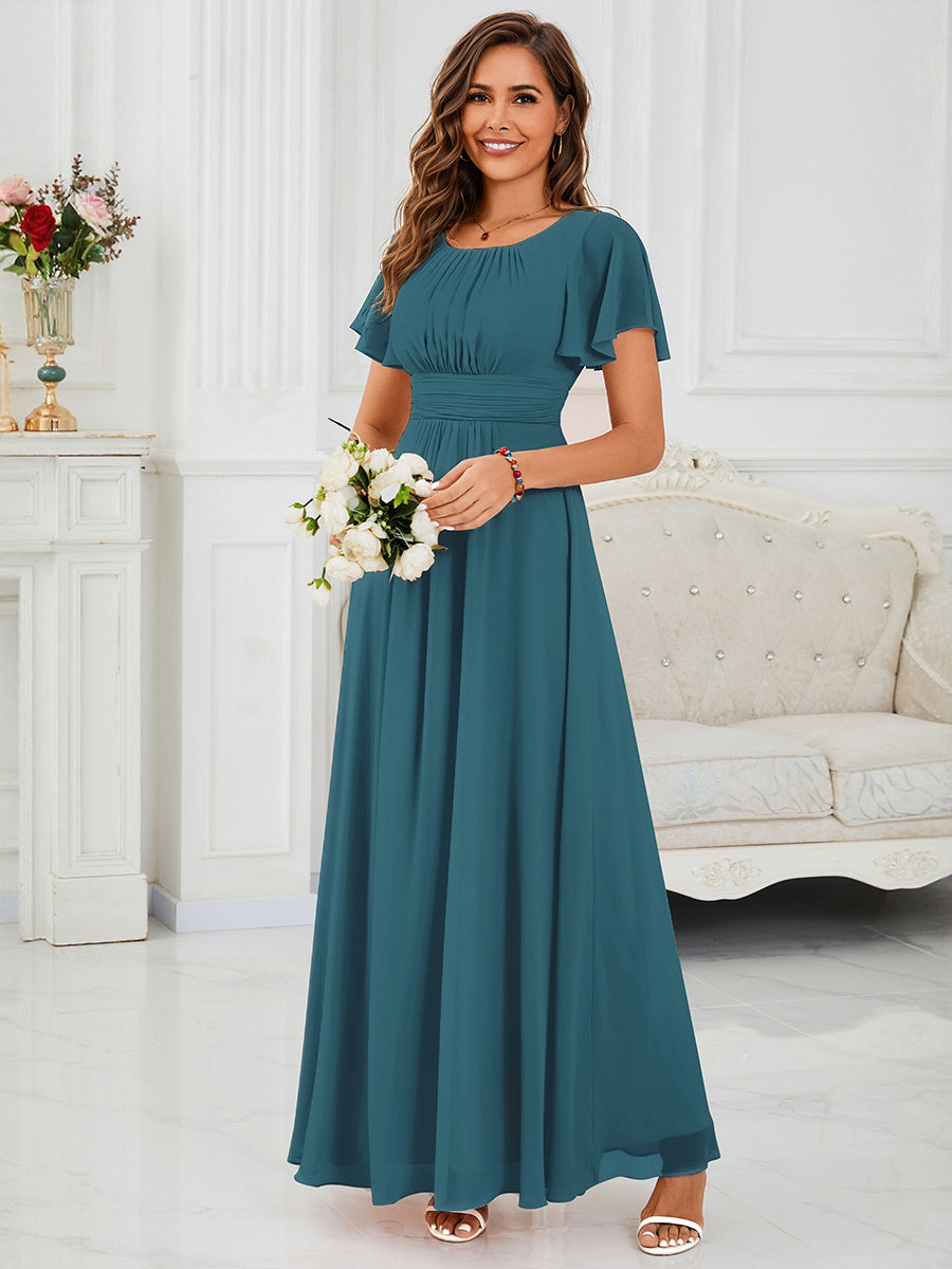 Bodenlanger A-Linien Chiffon Kleid Mit Falten Und Raffung Rundhals #Farbe_Petrol
